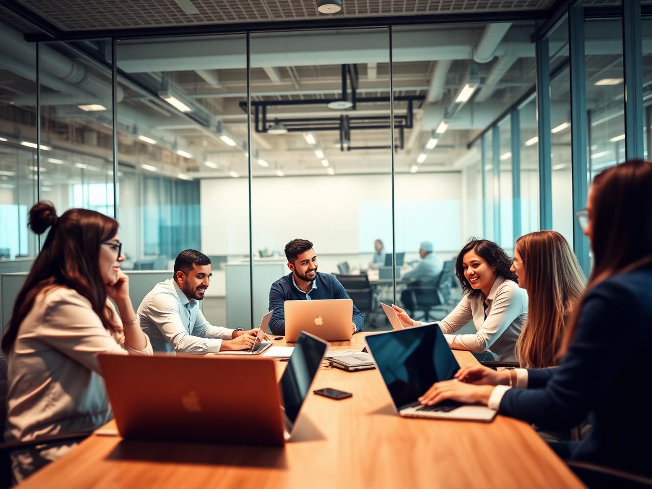 Equipe comercial reunida analisando propostas em um escritório moderno