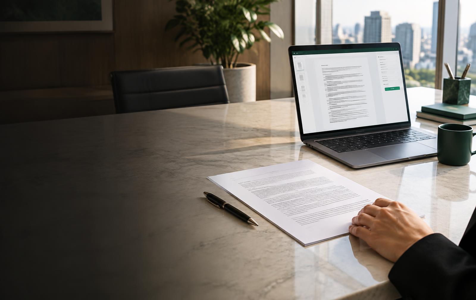 Documento pronto para assinatura em uma mesa de trabalho
